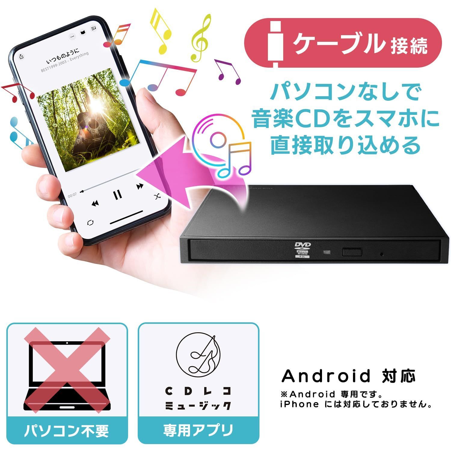 新品 Android 専用 ロジテック スマホでCD スマホ CD 取り込み 有線 パソコン不要 CDレコーダー CDプレーヤー 黒 スマートフォン用  国内メーカー LDR-LSM8WURDBK - メルカリ