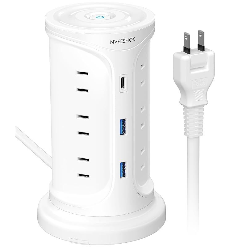 NVEESHOX 電源タップ Type-C付き 延長コード タワー 伸縮固定パーツ付 コンセント usb付 雷ガード 3層 12個AC口 3個USBポート たこ足配線 テーブルタップ OAタップ マルチタップ 机の下 壁掛け 安全保