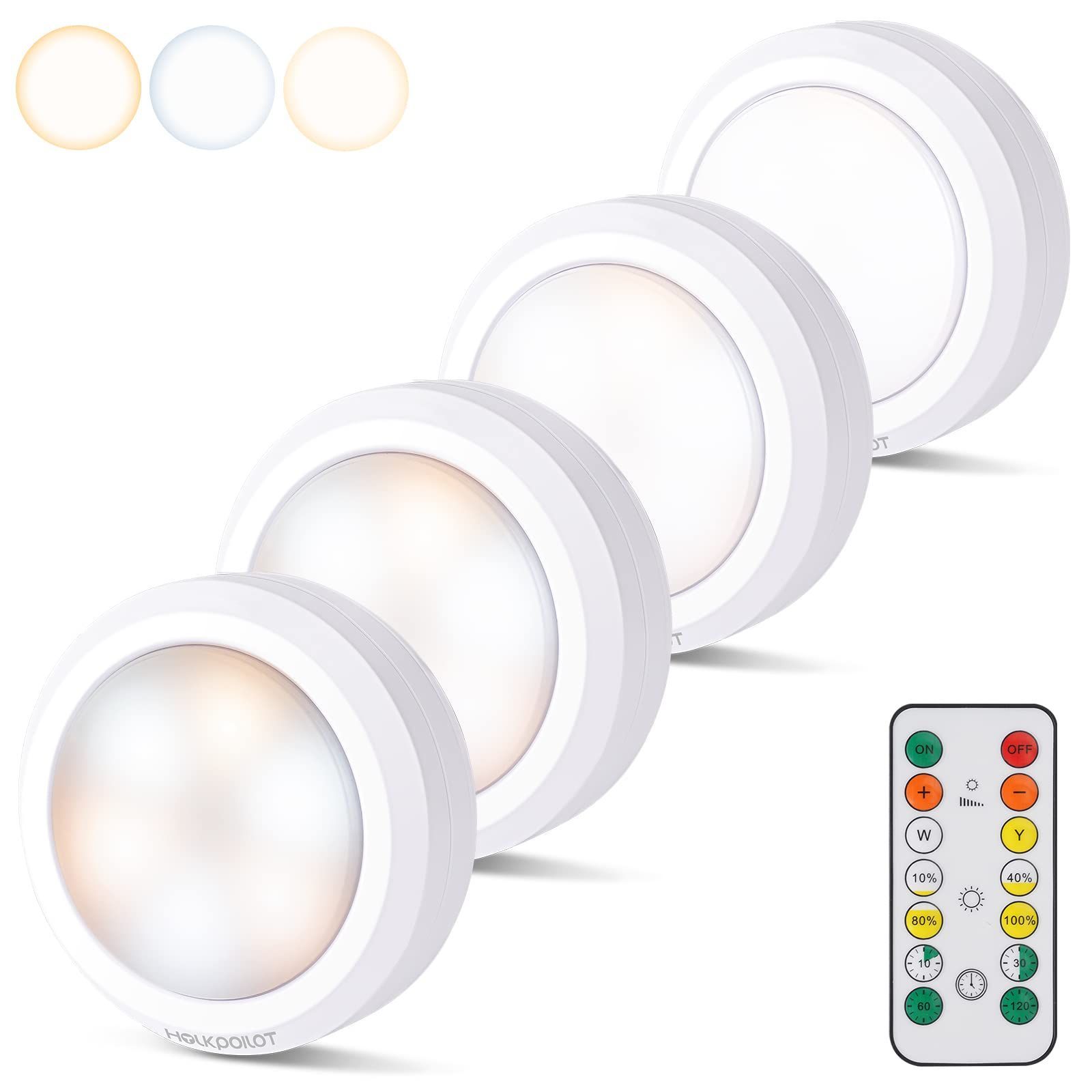 LEDライト 4個セット 電池式 キッチンライト HOLKPOILOT 明るさ調整 昼光色/電球色/温白色に切り替え 切タイマーで自動消灯 リモコン付き 小型 手元ライト 直径9cm 単3電池3本 (別売) 貼り付け照明