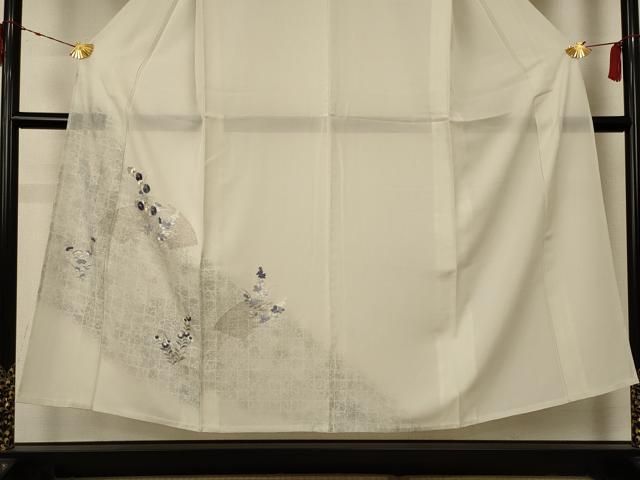 平和屋着物＊夏物 訪問着 絽 刺繍 扇面草花文 銀糸 五泉 反端