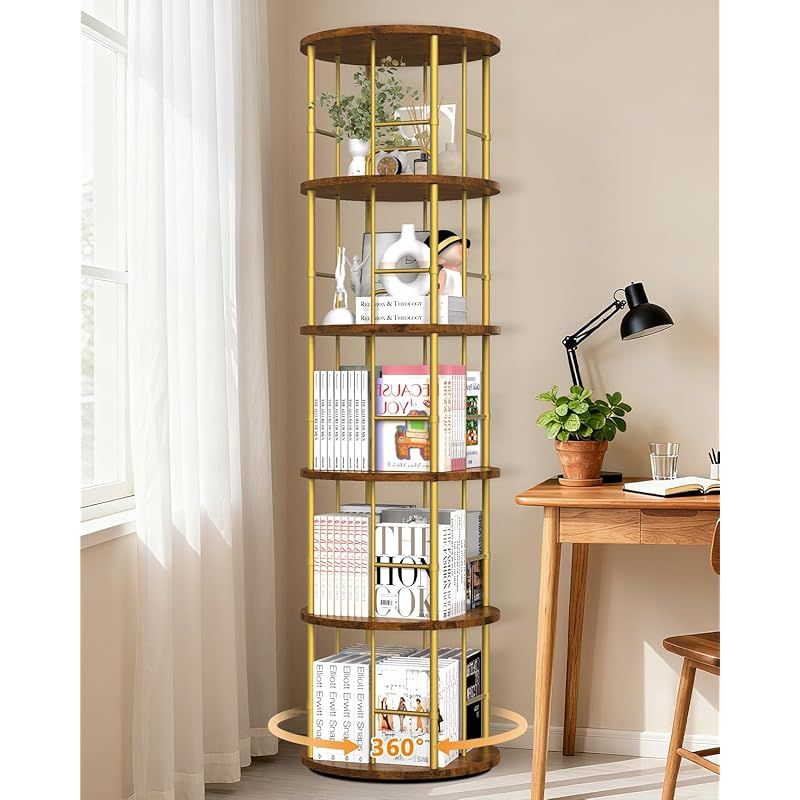 落下防止設計 回転式本棚 5段 大容量 ブックシェルフ オープン本棚 45奥行き x 45幅 x 160高さcm 多層収納ラック 省スペース リビング 寝室 オフィス用 漫画 雑誌 教科書 日本語説明書付き 0