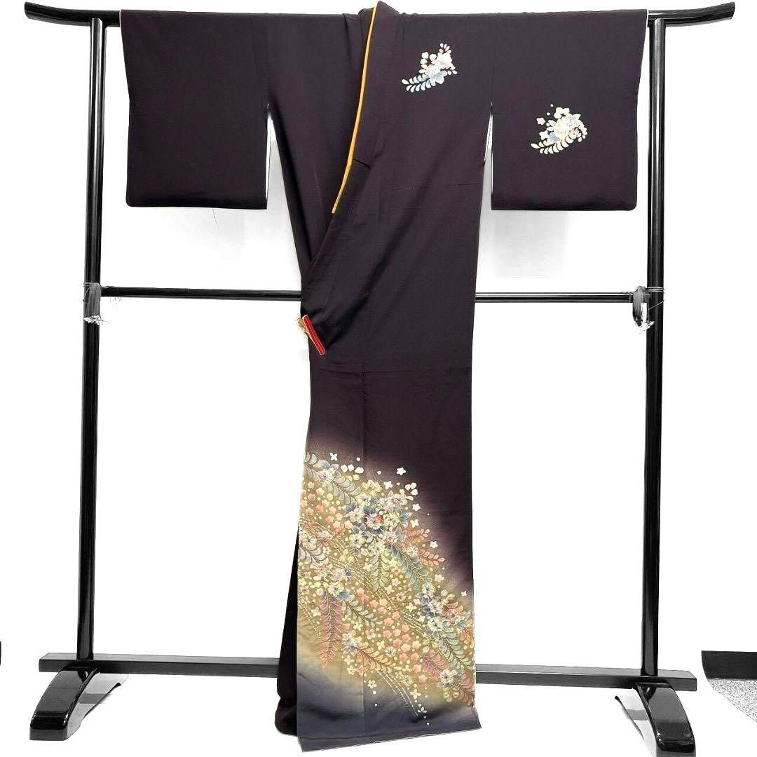 辻ヶ花模様 絞り 藤の花 ダークトーン 付け下げ 着物 015a p 辻ヶ花模様 絞り 藤の花 ダークトーン 付け下げ 着物 015a p