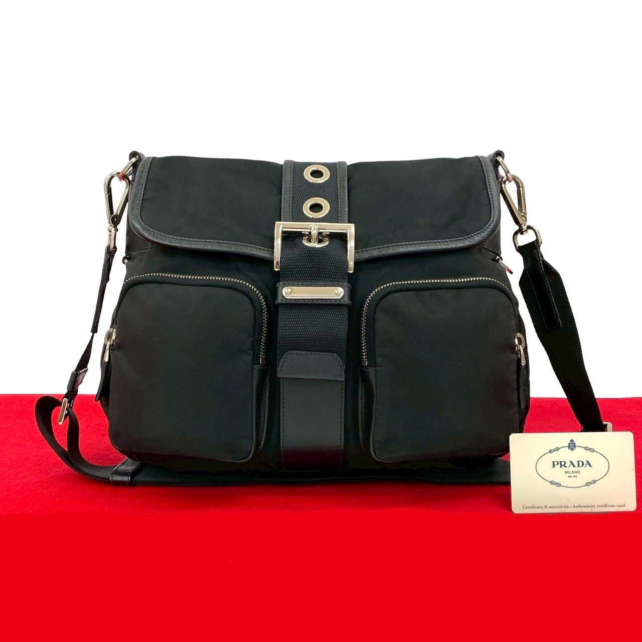 極 美品 PRADA プラダ 三角ロゴ 金具 ナイロン サフィアーノ