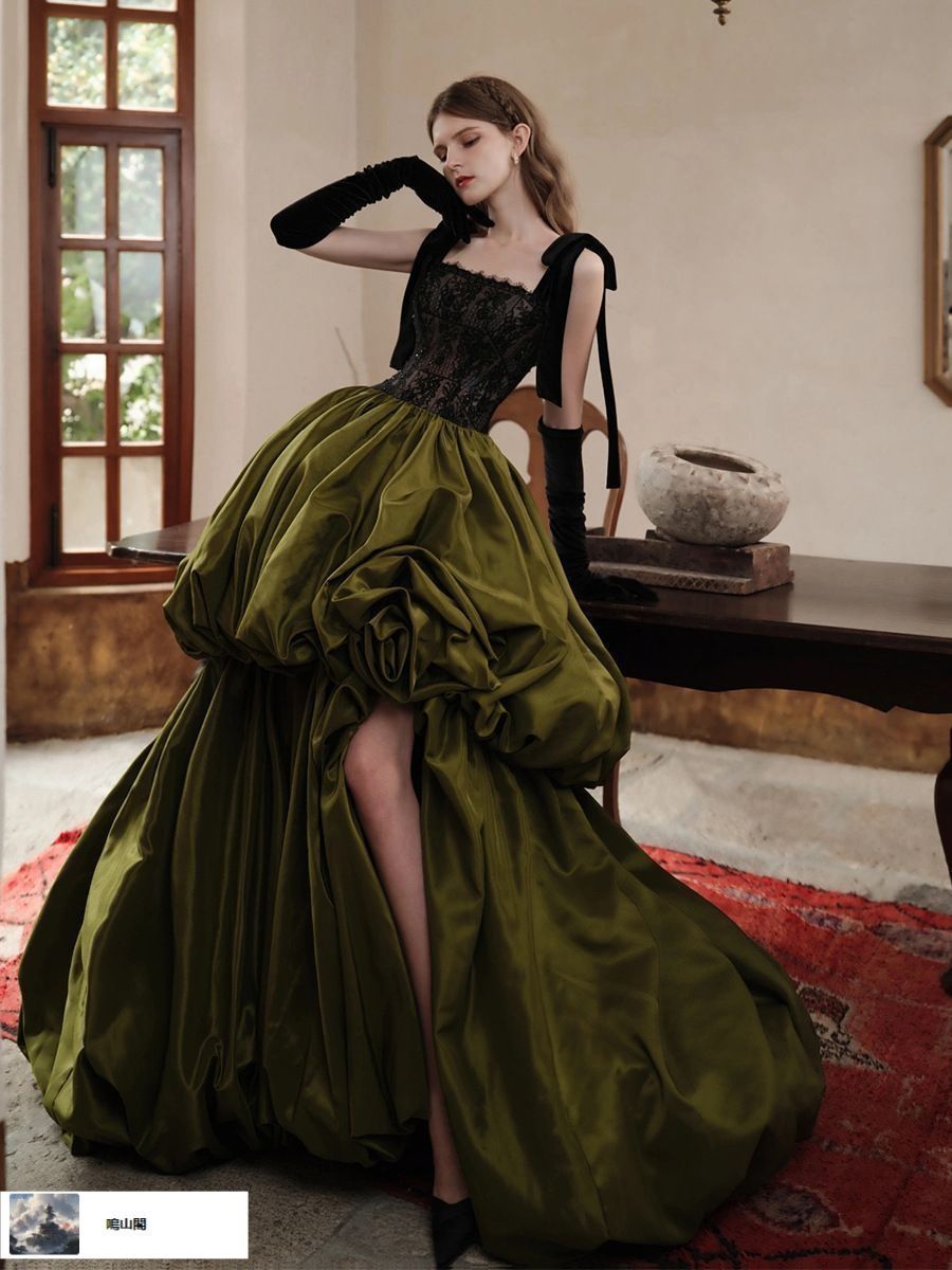 レディース 春夏 エレガント パーティードレス ロング ワンピース アボカドグリーン 蓬蓬スカート 結婚式 披露宴 演奏会 ss新