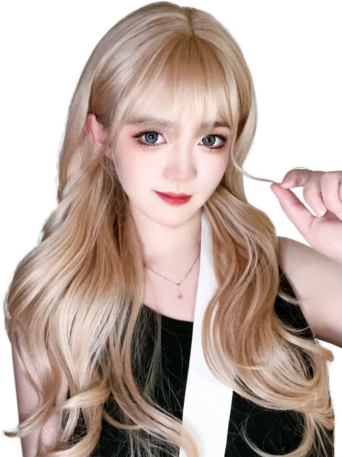 【フォロー割】セミロング カール フルウィッグ 金髪 かつら レディース コスプレ 巻き髪 ギャル 自然 ぱっつん 原宿系 ロング 小顔 人気 耐熱 wig Limakaraウィッグ ファッション ネット/櫛付き