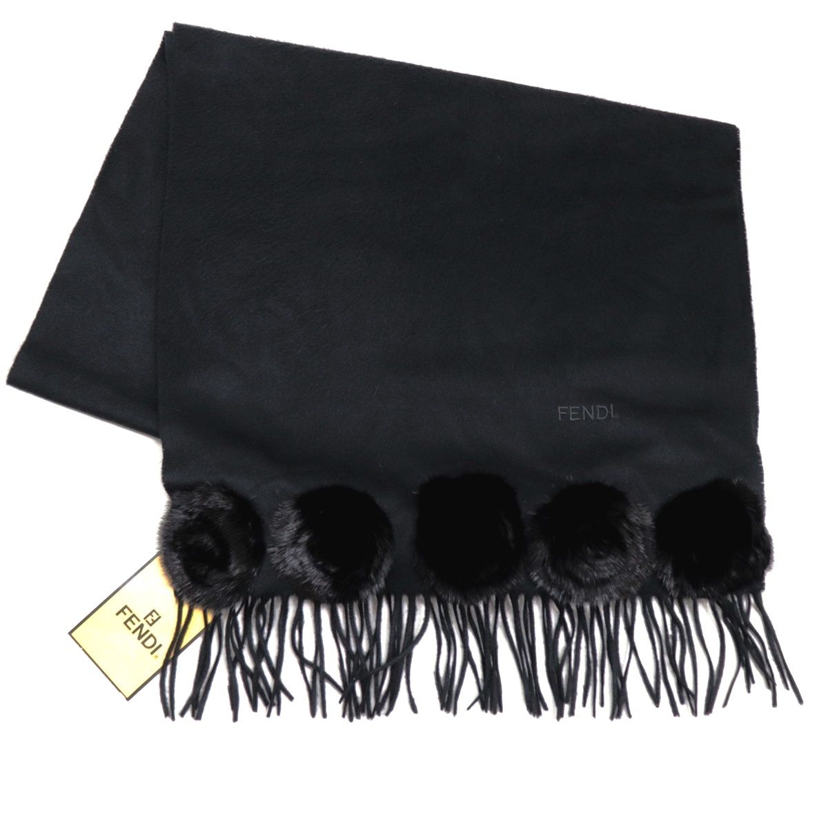 FENDI カシミヤ シルク ストールマフラー ミンクファー 花 フラワー 美品 フェンディ ミンクファーフラワー カシミヤマフラー 黒