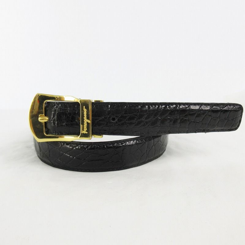 サルヴァトーレフェラガモ Salvatore Ferragamo ベルト クロコ 型押し レザー 黒 シャイニーブラック ゴールド