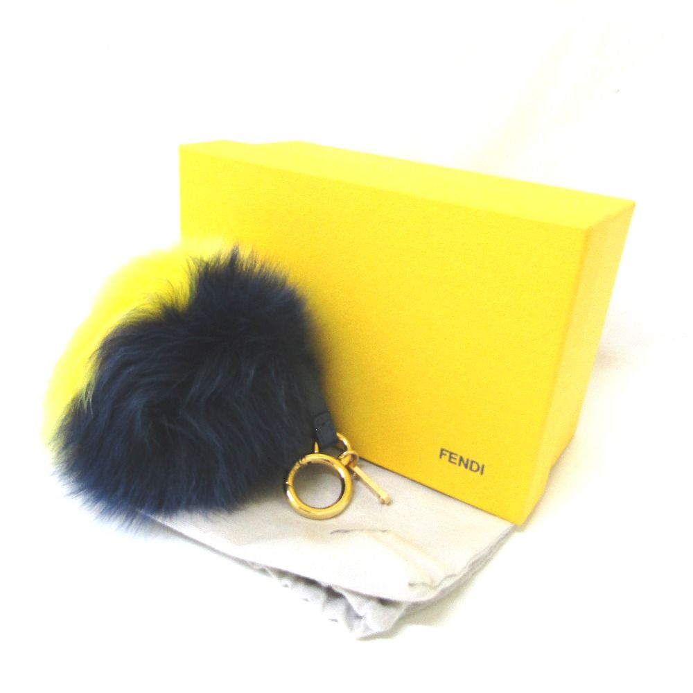 Tj239641 フェンディ FENDI ファー ポンポンチャーム キーホルダー キーリング イエロー×ネイビー