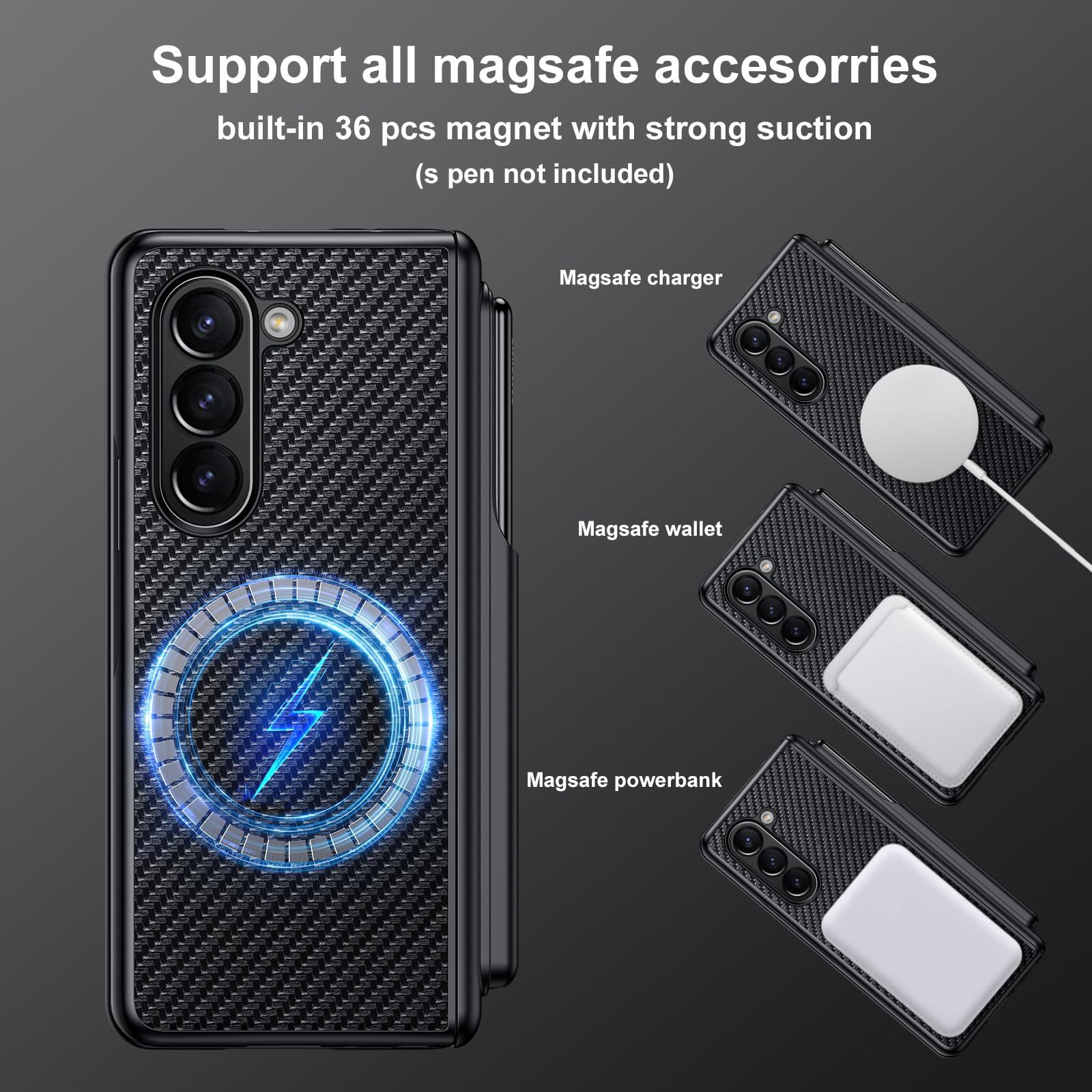 Libeagle Samsung Galaxy Z F 5 ケース すべてのMagsafe をサポート レザーバック ヒンジに取り外し な旧-新しいスリムSペンホルダー 2025 が含まれ カバー5Gカーボ 炭素繊維 z f 5