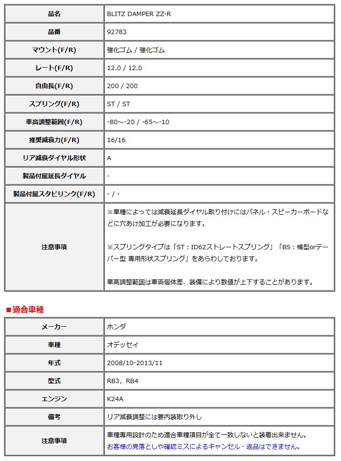 BLITZ ブリッツ 車高調 DAMPER ZZR オデッセイ RB3，RB4 2008/10-2013/11 92783 ZZ-R