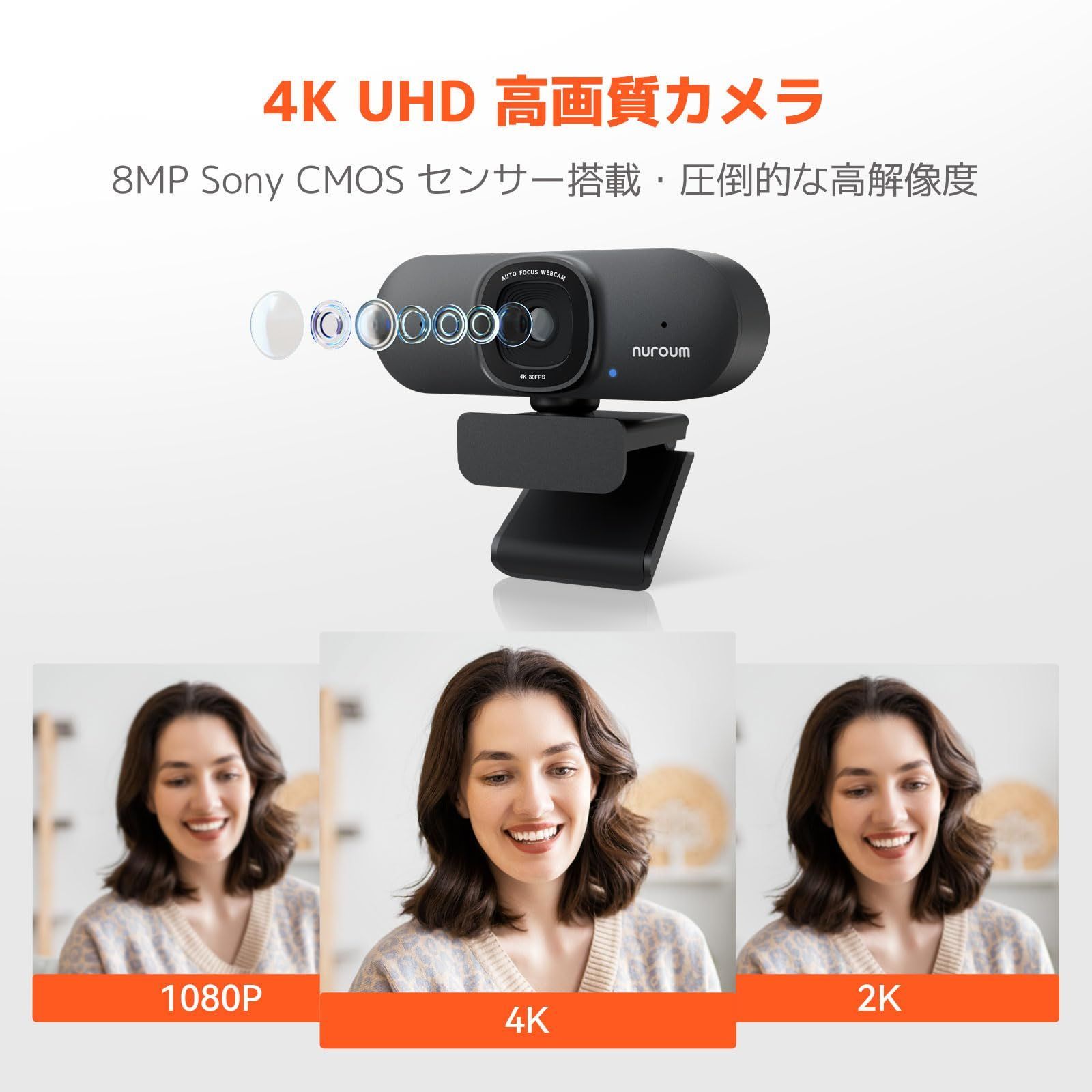 Nuroum 4K WEBカメラ ウェブカメラ 60fps ノイズキャンセリング