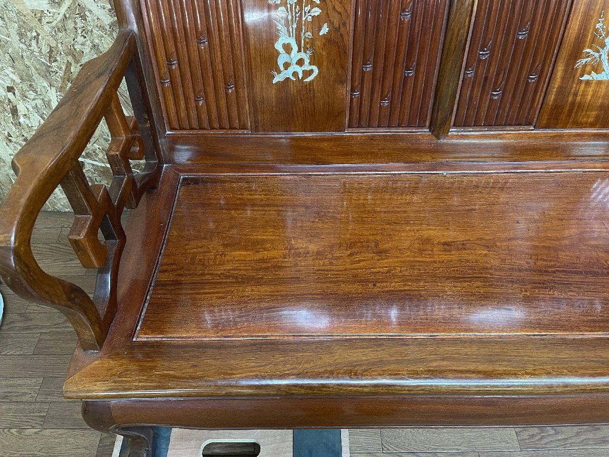 引き取り□花梨 唐木 螺鈿細工 ソファベンチ イス 長椅子 木製