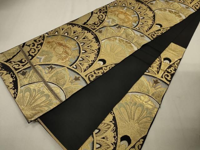 平和屋-こころ店◎六通柄 本袋帯 更紗花唐草文 黒地 金糸