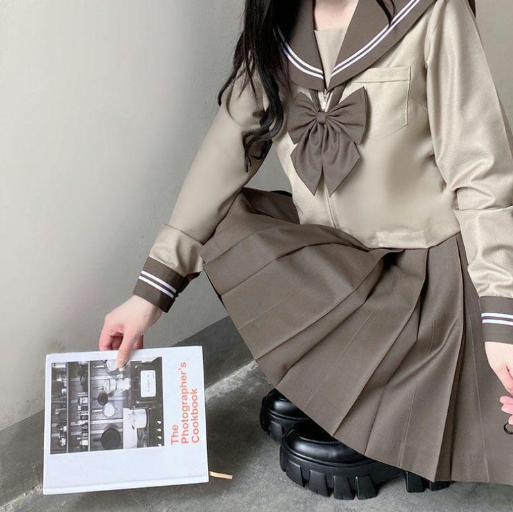 JK セーラー服 長袖 茶色人気 学生服 前開き プリーツスカート 女子