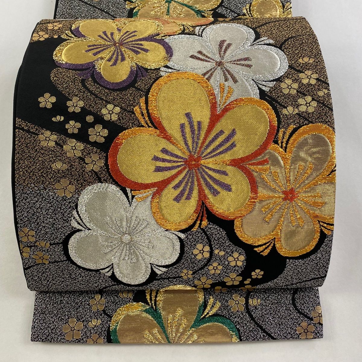 袋帯 秀品 梅 流水 金銀糸 箔 黒 六通 正絹