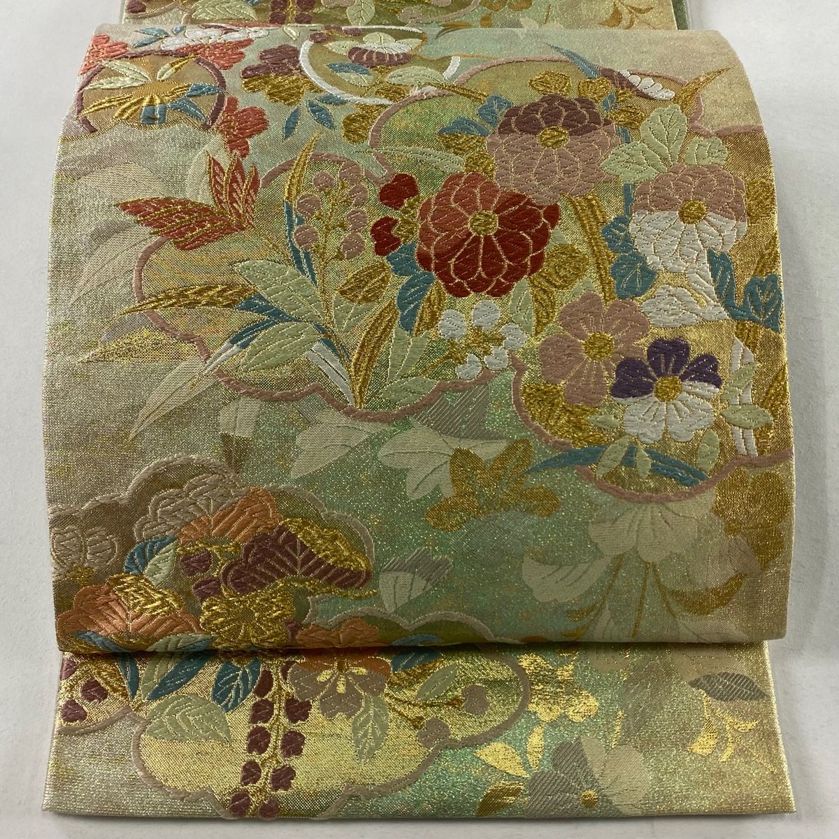 定番 袋帯 美品 逸品 華文 草花 金糸 刺繍 茶緑色 全通 正絹 【中古】