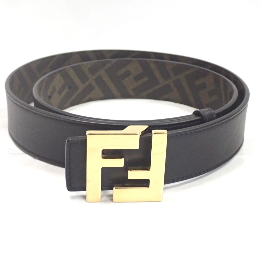 Th615541 フェンディ ベルト ズッカ リバーシブル ゴールドバックル 本革 ブラック×ブラウン系 メンズ FENDI 良好