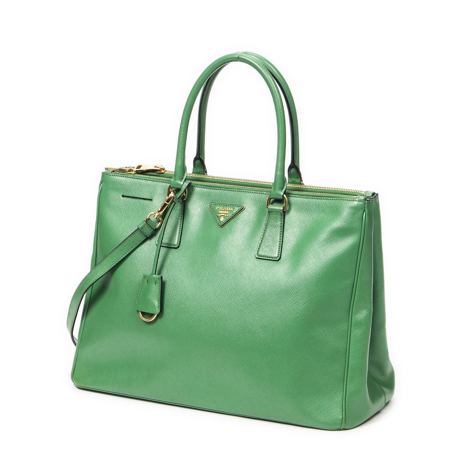 PRADA プラダラージダブルジップ ガレリア トート緑サフィアーノ ラックスレザーA