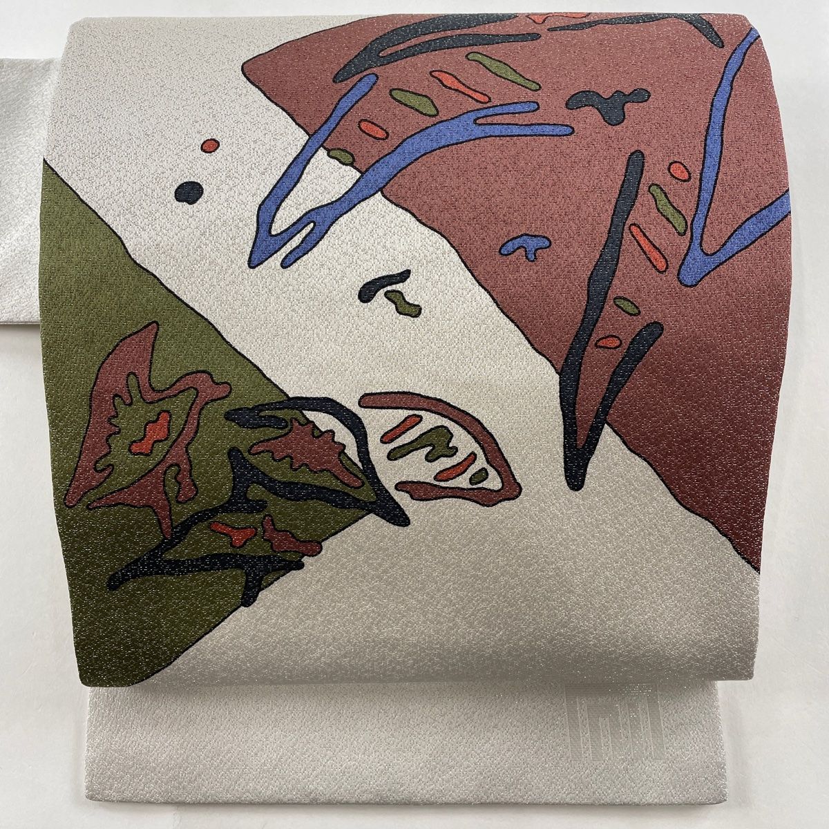 名古屋帯 美品 名品 大久保玄才 落款 幾何学模様 銀通し 灰色 正絹 