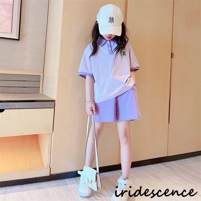 子供服 セットアップ キッズ 半袖 女の子 ブラウス 春秋 上下セット トップス poloシャツ パンツ ショートパンツ カジュアル 110 120 130 140 150 160may
