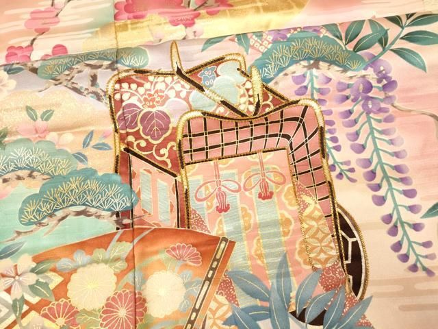 平和屋着物●豪華色留袖　駒刺繍　飛鶴立波七宝花菱文　金彩　三越扱い　正絹　逸品　CAAW8651yc 平和屋着物▽豪華色留袖 駒刺繍 飛鶴草花文 暈し染め