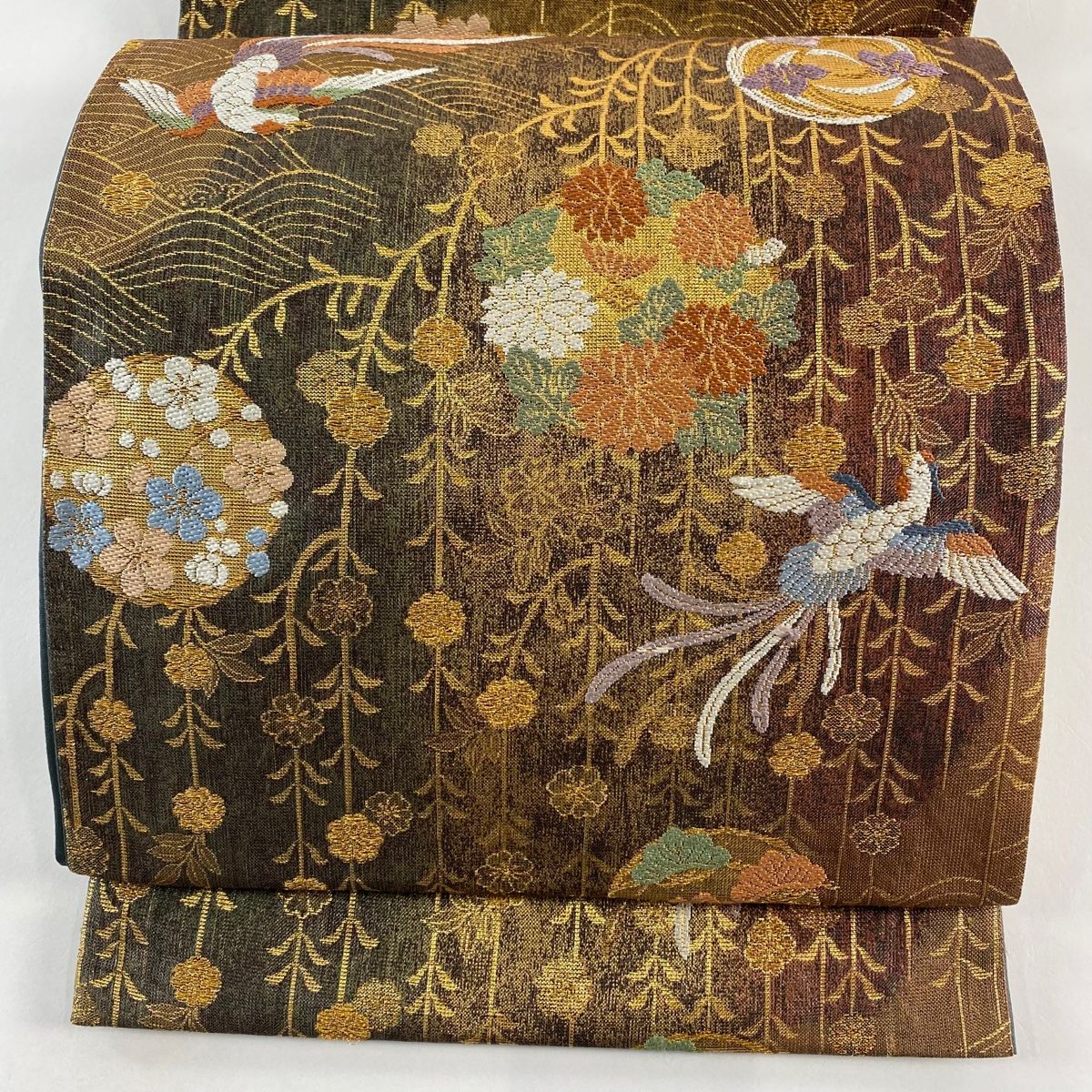袋帯 秀品 花丸文 花喰鳥 金糸 箔 茶色 六通 正絹