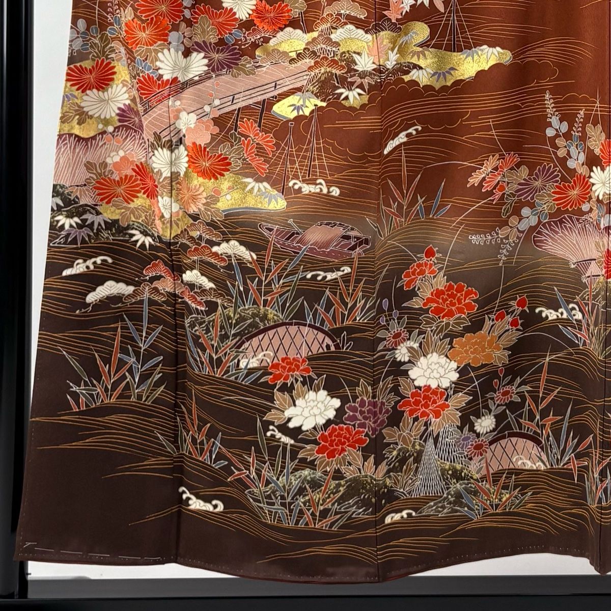 訪問着 身丈153cm 裄丈63.5cm S 袷 橋 草花 刺繍 金彩 赤茶 正絹 秀品