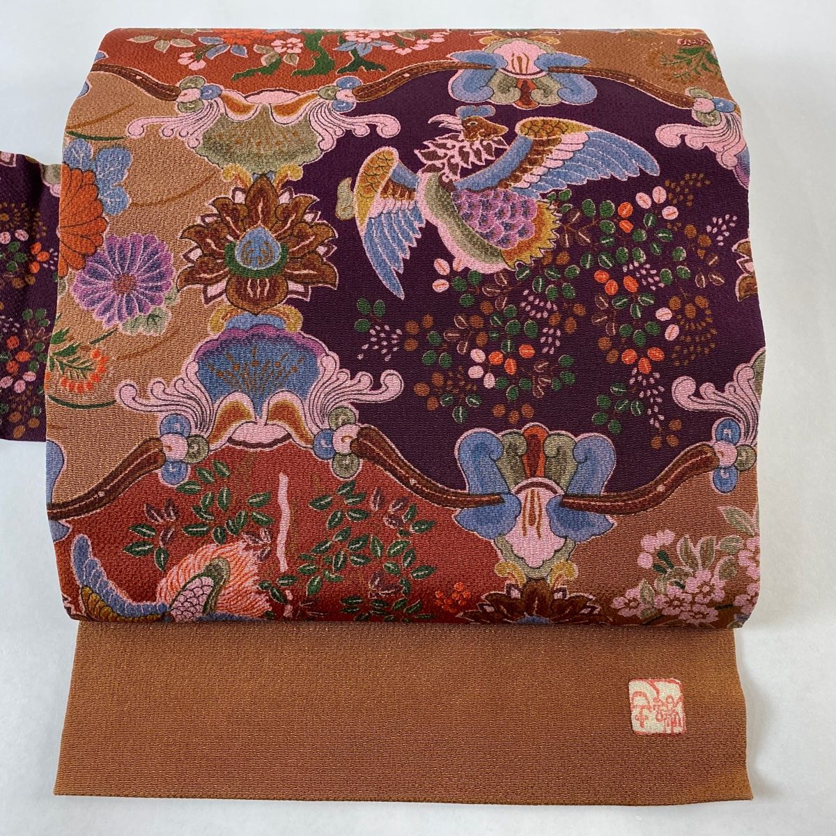 名古屋帯 美品 逸品 山岡古都 落款 鳥 草花 縮緬 茶色 正絹 【中古