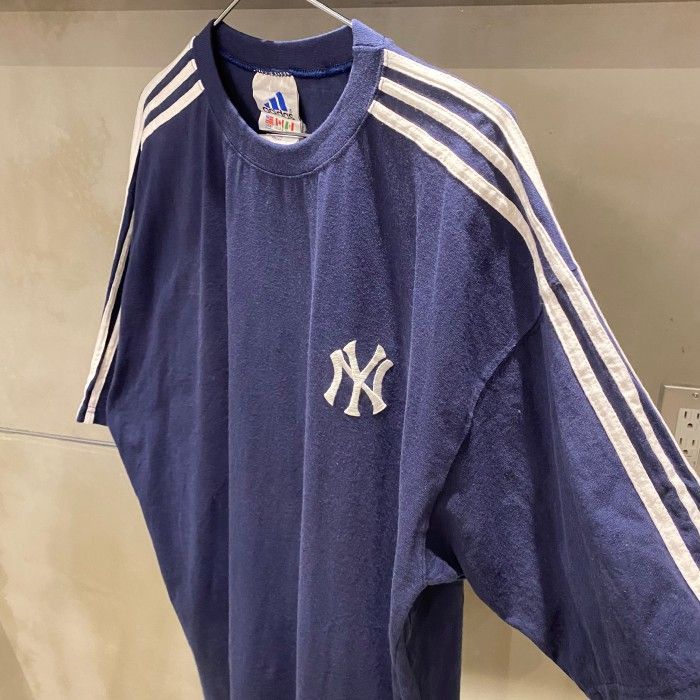 90年代 アディダス YANKEES ロゴ刺繍 ライン Tシャツ メンズXL相当