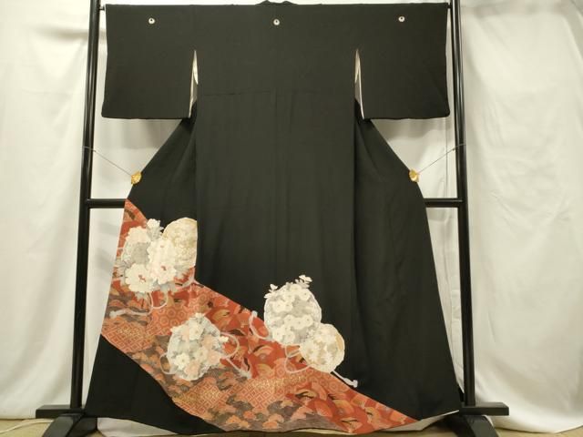 未使用品　和服　夏用　正絹(絽)和柄模様　アンティーク.留袖(五つ紋)早い者勝ち 平和屋着物□豪華黒留袖 刺繍 舞扇花松文 牡丹 金銀彩 正絹 逸品