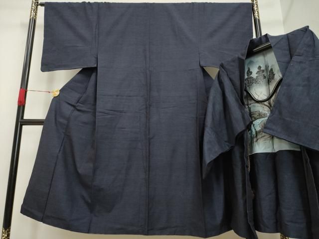 平和屋着物男性　結城紬　アンサンブル　杢　藍鉄色　正絹　逸品　AAAP4067ck