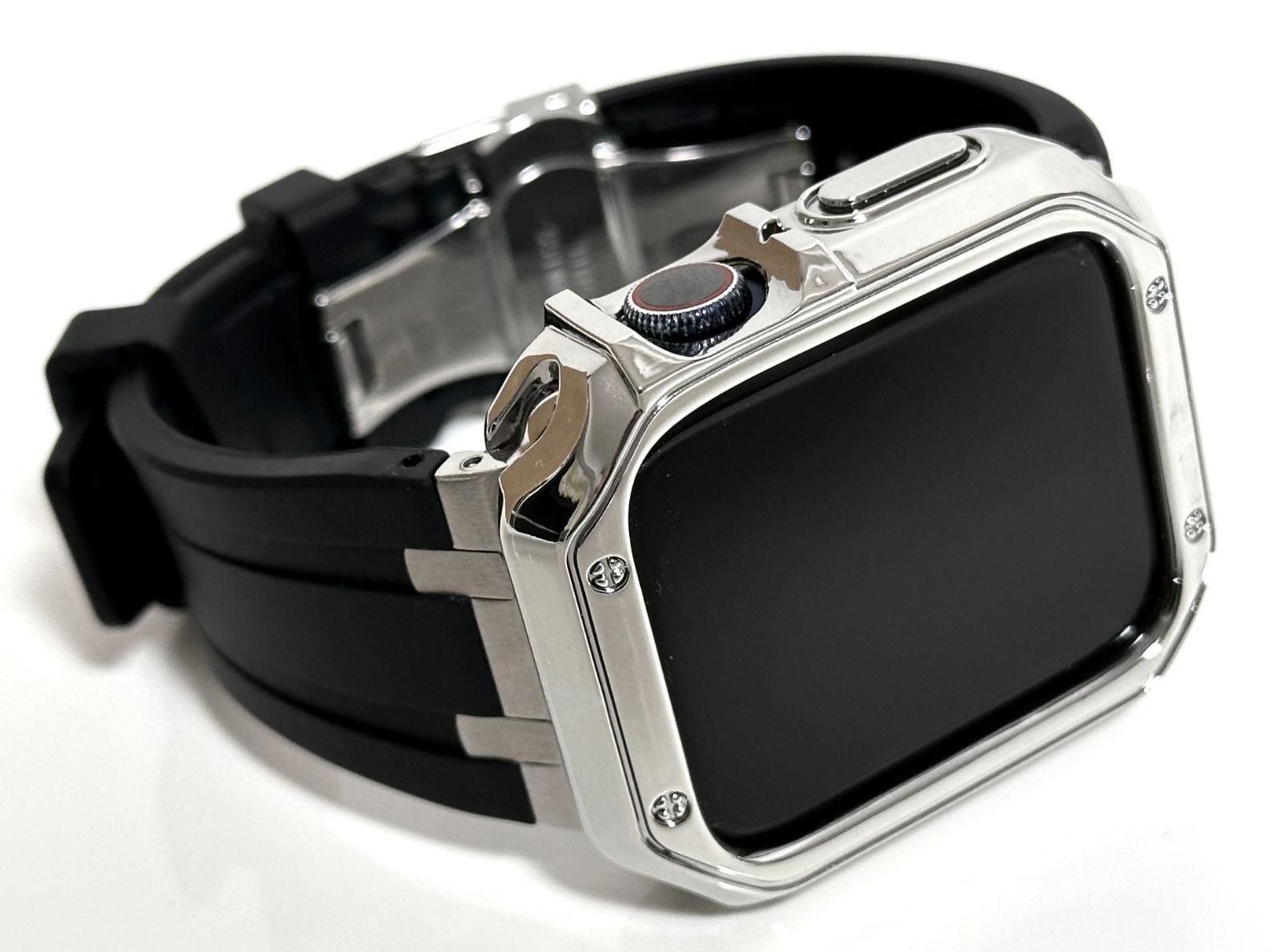 シームレス ブラック-シルバー アップルウォッチ 316Lステンレス ラバーベルト Apple Watch 厚ケース カバー series1〜9 38mm 40mm 41mm 42mm 44mm 45mm 46mm 49mm Apple Watch バンド