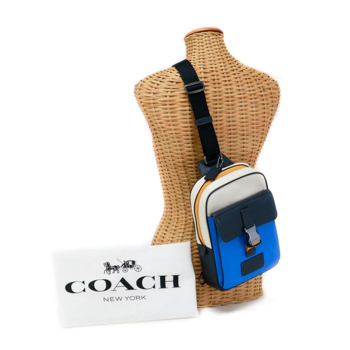 コーチ COACH トラック パック スムースカーフレザー カラーブロック C9960 ボディバッグ クロスボディ ショルダーバッグ スリングバッグ  メンズ レディース ネイビー / チョーク (アイボリー) / ブルー / イエロー 中古 mbd28001