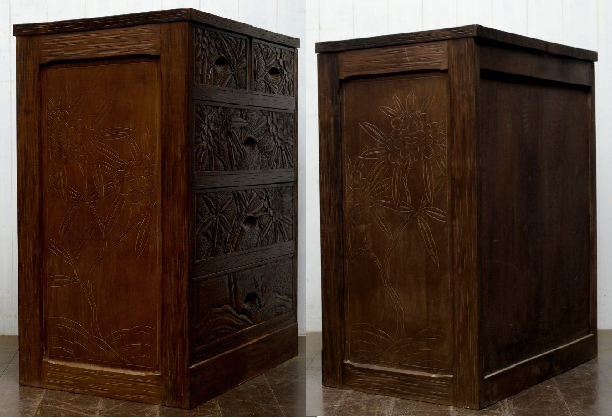 蔵A 5457 伝統工芸軽井沢彫 箪笥 四段 引出五杯 チェスト 彫刻台 ブロンズ彫刻