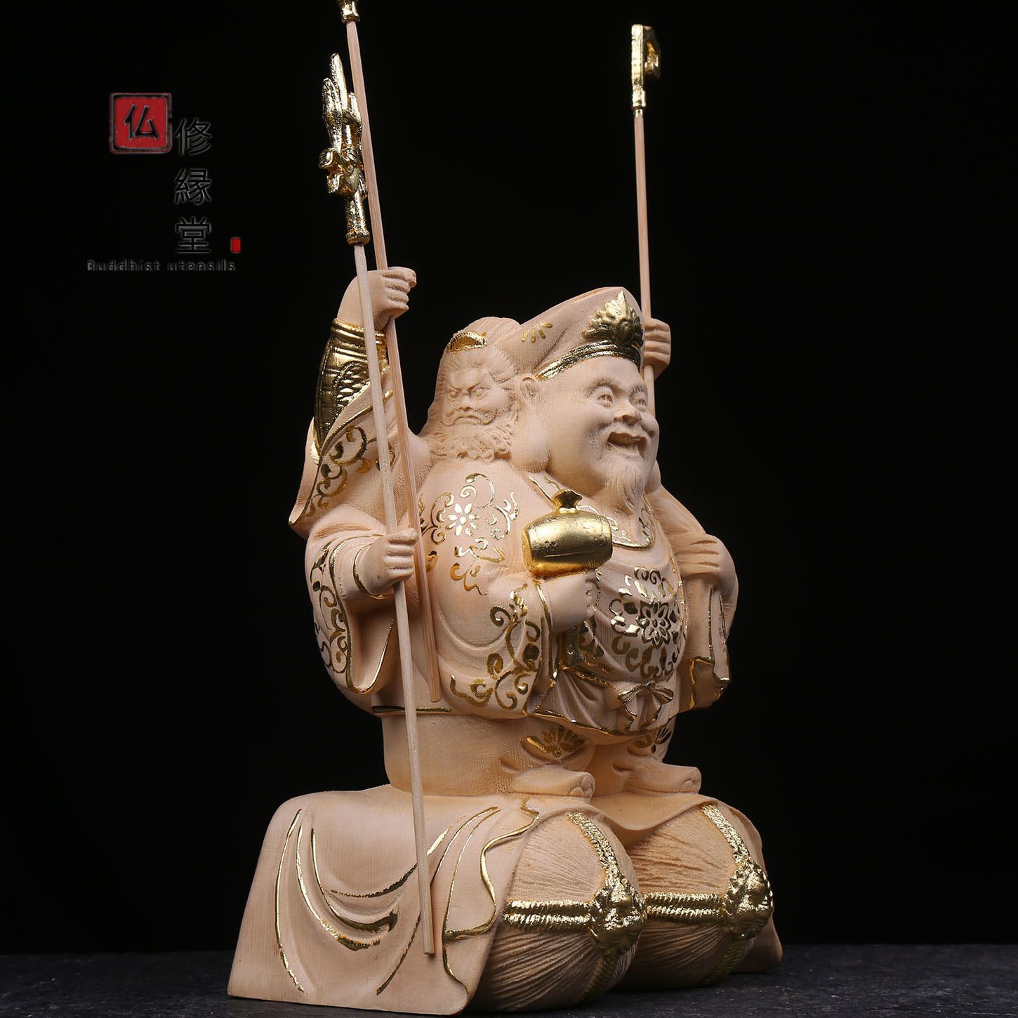修縁堂】木彫り 仏像 福神三面大黒天立像 財神 檜材 仏教工芸 彫刻 
