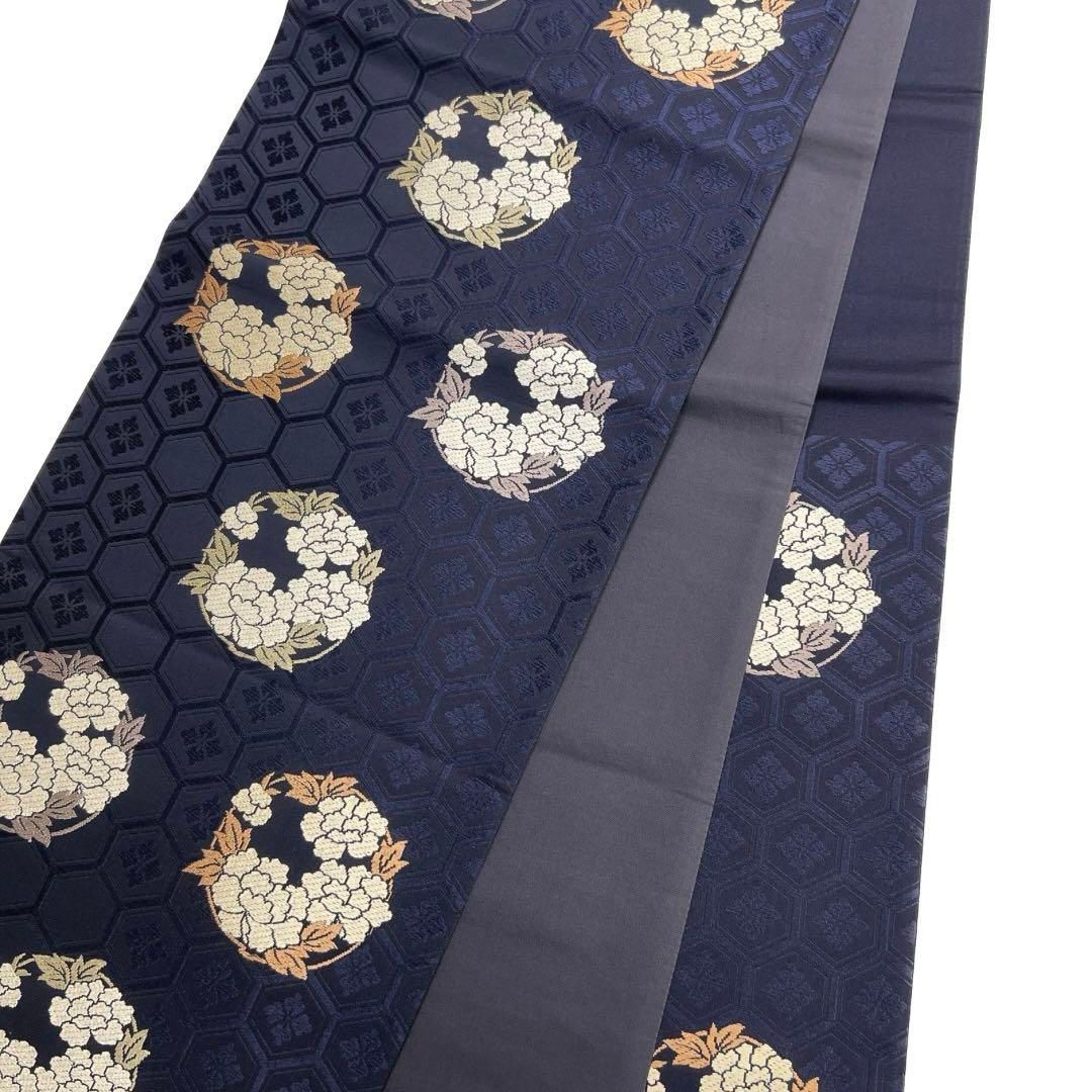 袋帯牡丹紋花紋亀甲花菱ネイビー着物021a d 