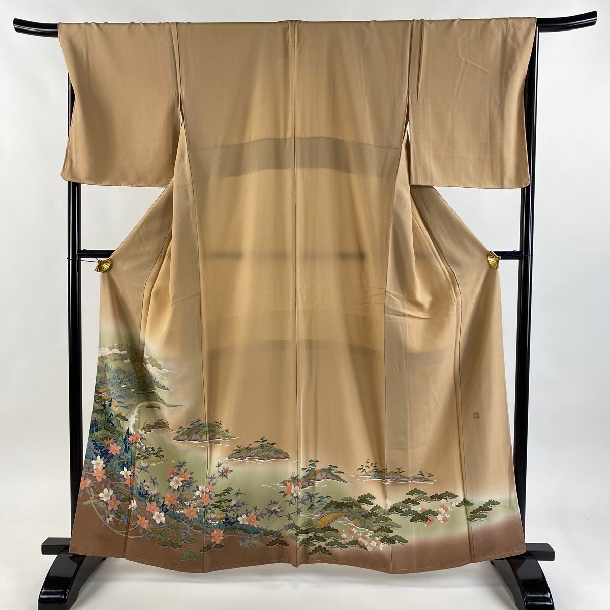 色留袖 身丈161cm 裄丈68cm L 袷 落款 風景 草花 ぼかし ベージュ 正絹 秀品 一つ紋