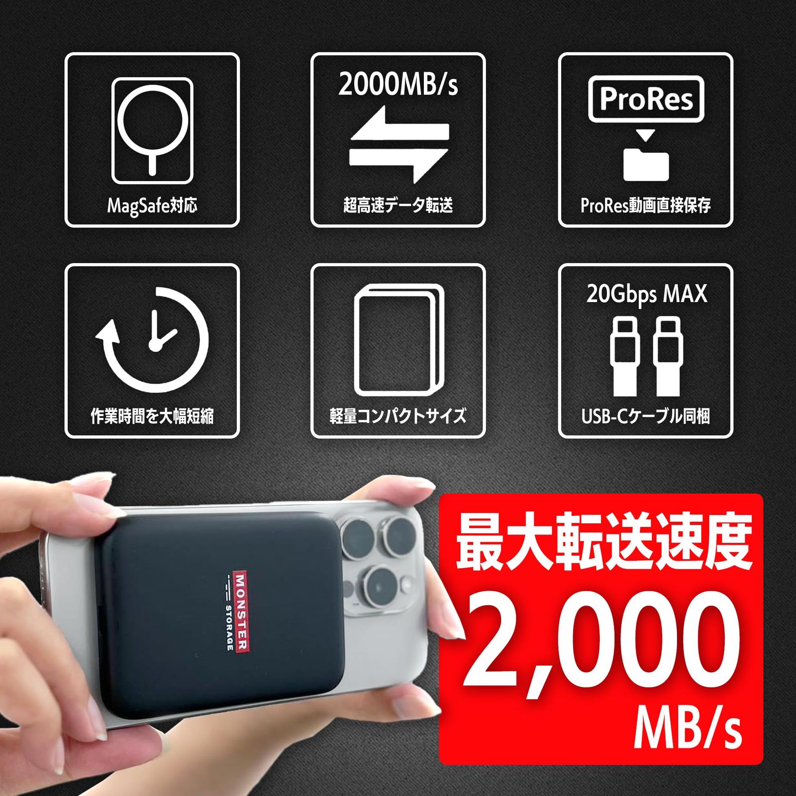 Monster Storage MagSafe SSD 外付け 1TB USB3.2 Gen2 Type‐C 最大読出速度2000MB 秒 マグネット式 ポータブルSSD iPhone15 16ProMax Windows MacOS ChromeOS WWW_NOITHATQUANGTHANH_NET