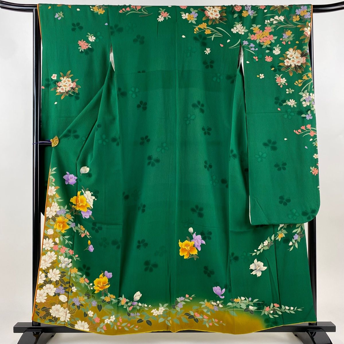 振袖 身丈157.5cm 裄丈65.5cm M 袷 草花 蝶 金糸 染め分け 緑 正絹 名品