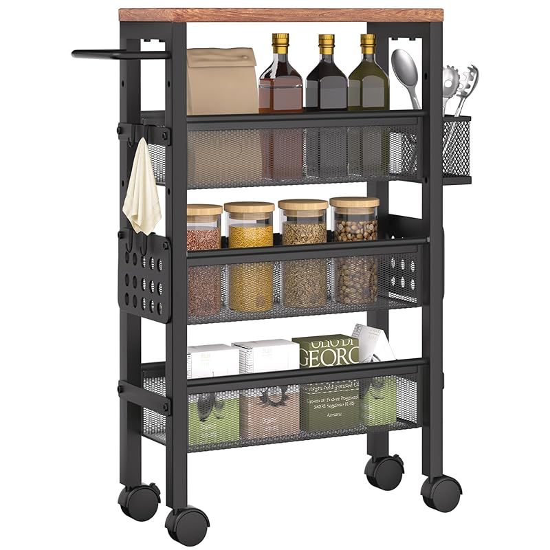 TORIBIO キッチンワゴン スリム 4段 隙間収納 13cm 間隔調節 キッチンカート 収納ラック キャスター付き 天板付き ハンドル付き 収納ケース付き 穴板付き フック×4 ローリングカート キッチンカート スキマラック 落下防止 工 1