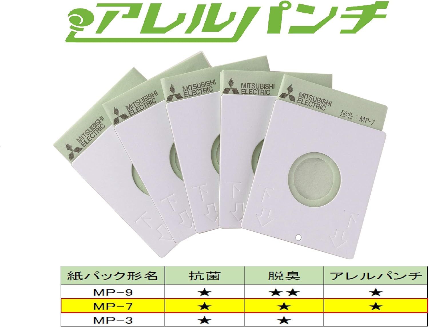 三菱電機】三菱電機 紙パックアレルパンチ抗菌消臭クリーン紙パック5枚入り MP-7 メルカリ