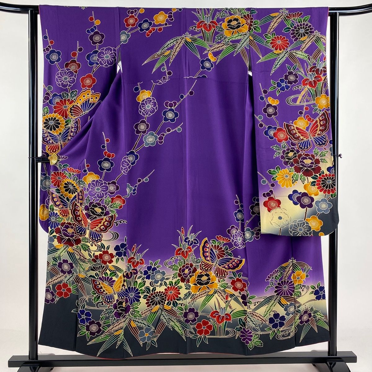 振袖 身丈154cm 裄丈62cm S 袷 草花 蝶 ぼかし 紫 正絹 名品