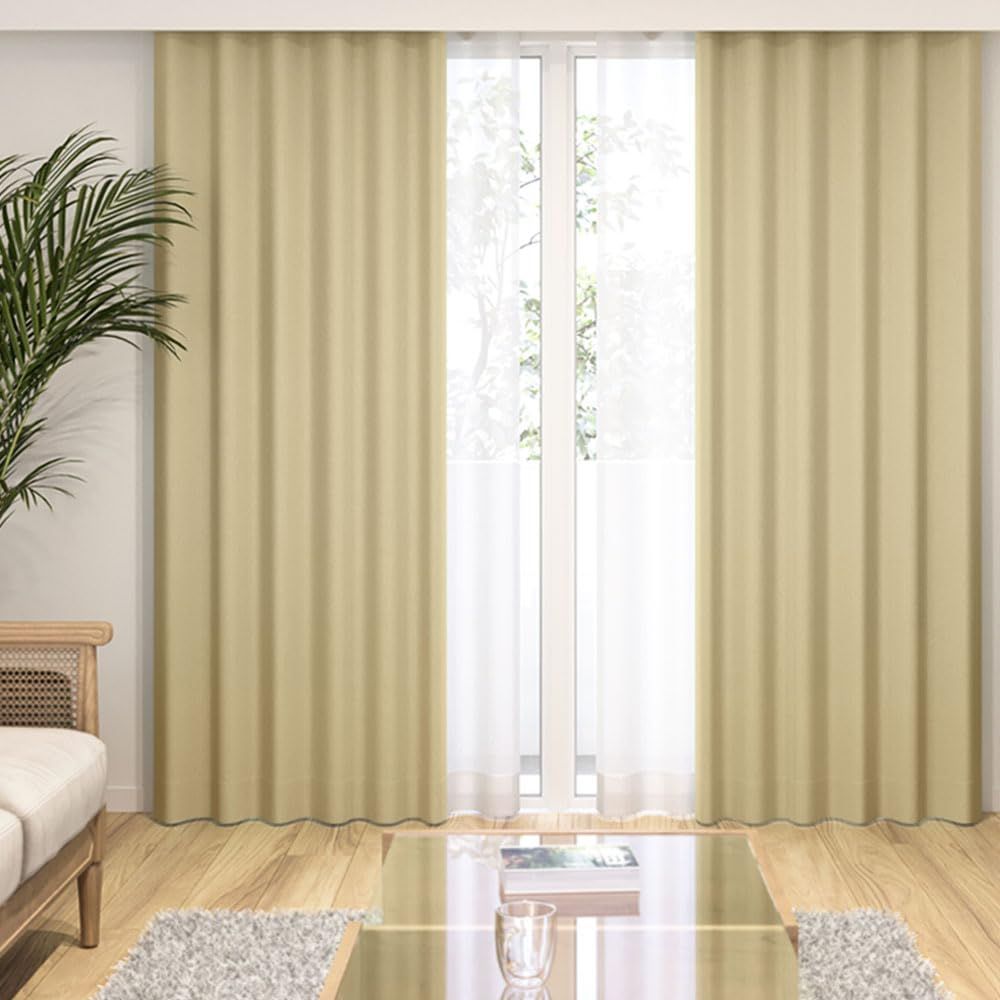 ライトベージュ_100×185cm ベルーナ(BELLUNA) カーテン 4枚セット 遮光 100％ 防音 断熱 保温 遮光カーテン 4枚セット おしゃれ 幅100 タッセル付 カーテン2枚 レース2枚 ２枚組 アジャスターフック