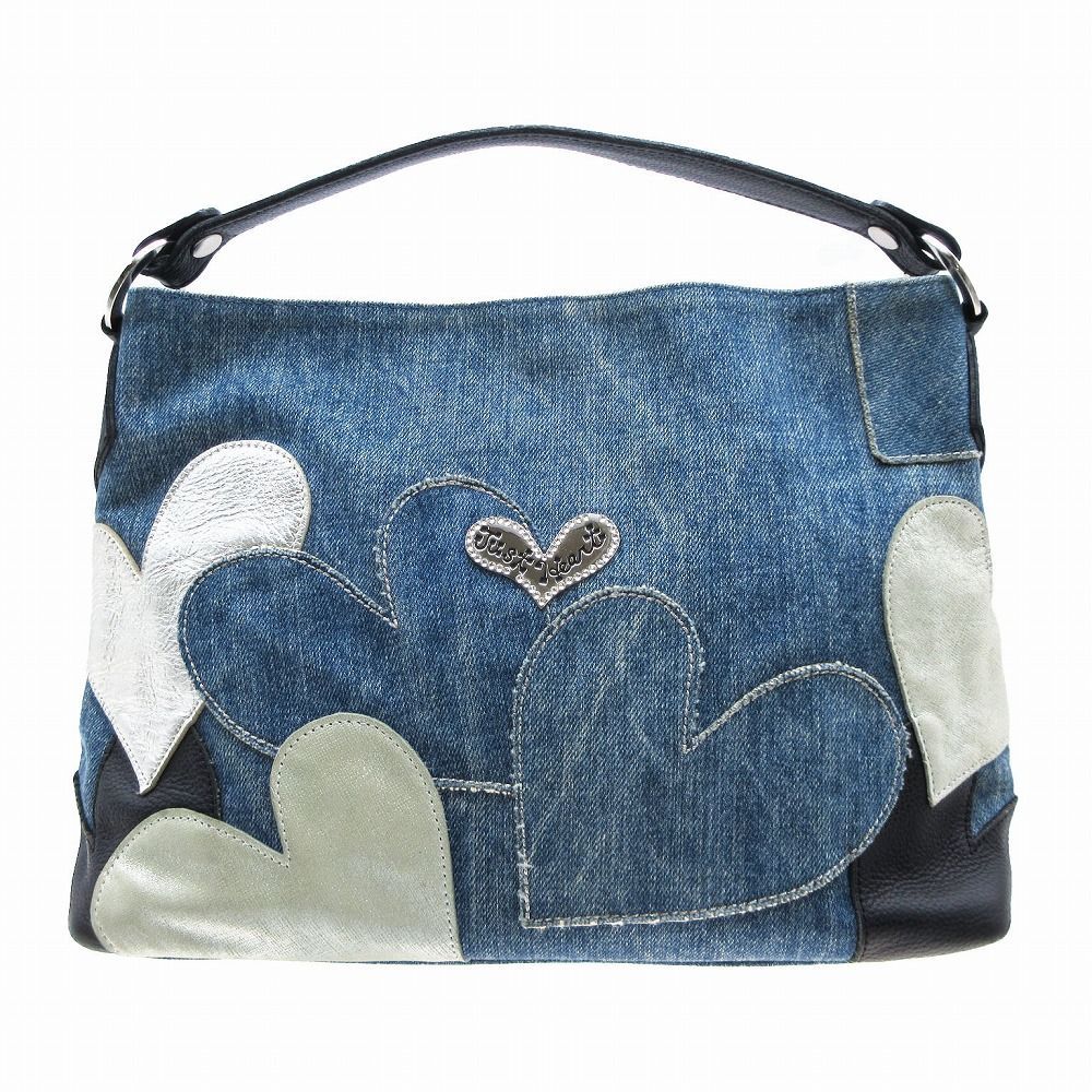 Think bee 未使用 デニム レザー パッチワークバッグ シンクビー Think Bee デニム バッグ レザー ハート パッチ