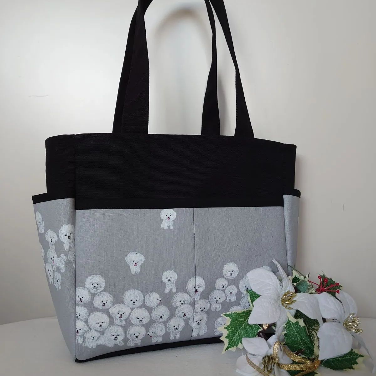 ハンドメイド サイドポケット付きトートバッグ ビションフリーゼ