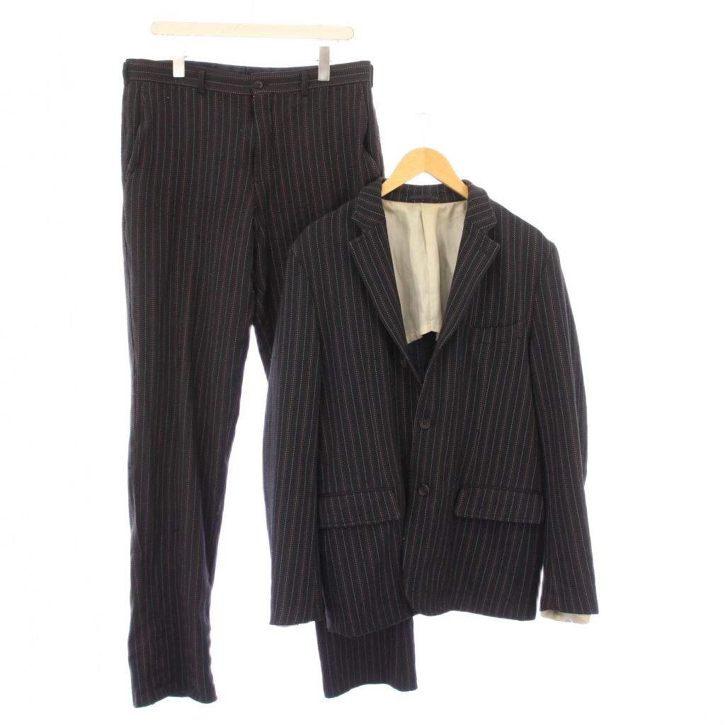 コムデギャルソンオム COMME des GARCONS HOMME AD2004 シングルスーツ テーラードジャケット アウター 背抜き テーパードパンツ スラックス ジップフライ ストレッチ ストライプ柄 L 紺 ネイビー |BB