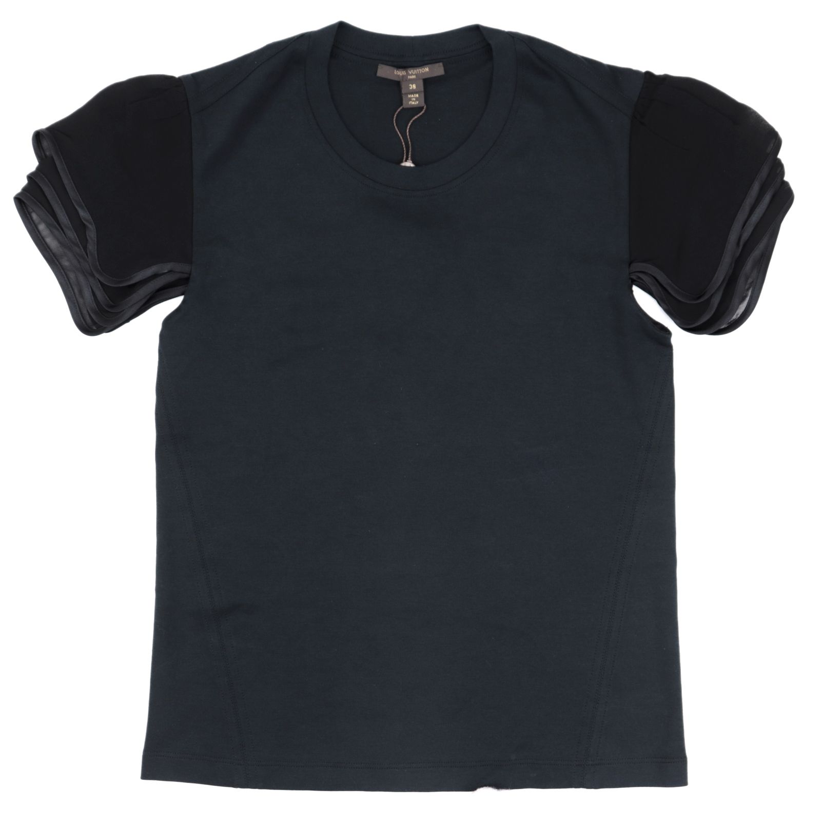 クリアランス ルイヴィトン 2016AW レイヤード スリーブ シースルー 切替 Tシャツ トップス カットソー 半袖 コットン100％ レディース サイズ 38 ブラック 黒 イタリア製 LOUIS VUITTON