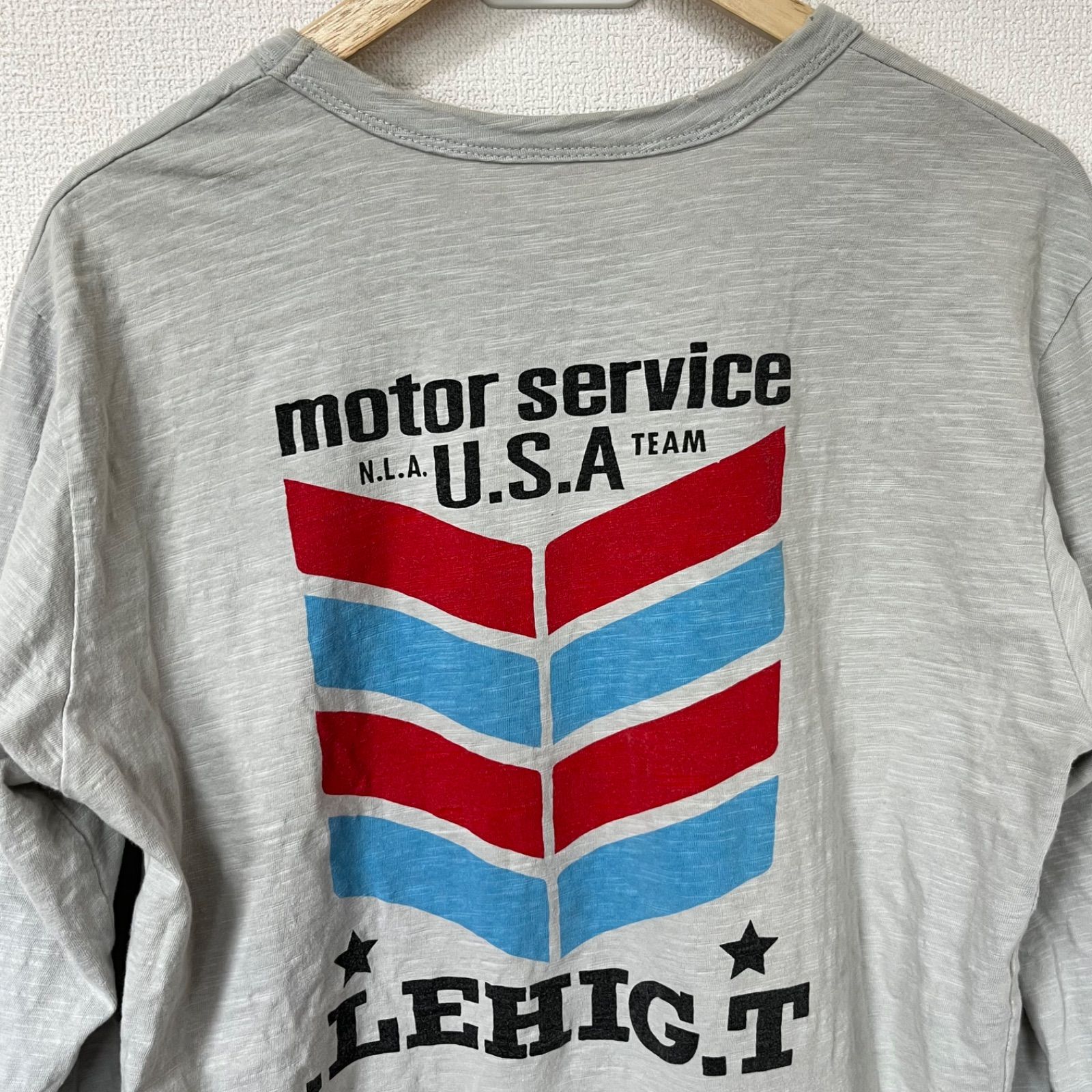 (^w^)b LEHIGH.T リーハイ 長袖カットソー Tシャツ ロンＴ ロゴプリント バックプリント カレッジ B.WORK NATIONAL  80's 90's ヴィンテージ アメカジ コットン 綿100% クルーネック グレー メンズ サイズL