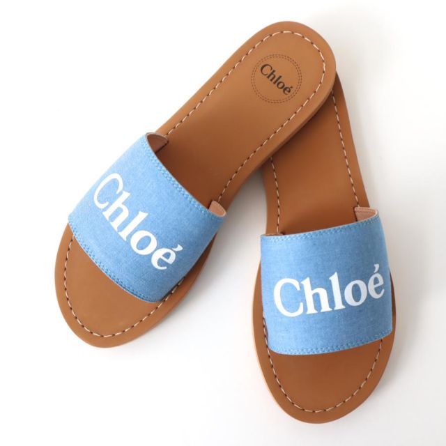 クロエ CHLOE サンダル キッズ デニムキャンバス ブルー ロゴ デニムサンダル 大人もOK 小さいサイズ C20185