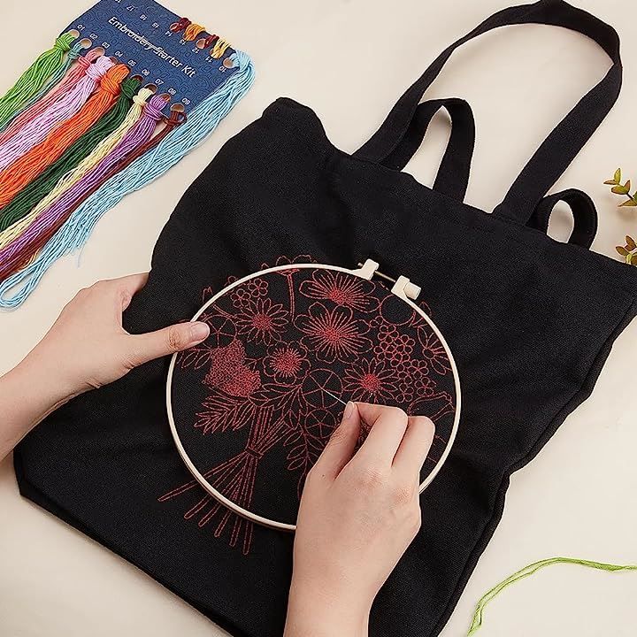 WADORN キャンバストートバッグ刺繍キット、花柄キャンバスバッグ素材